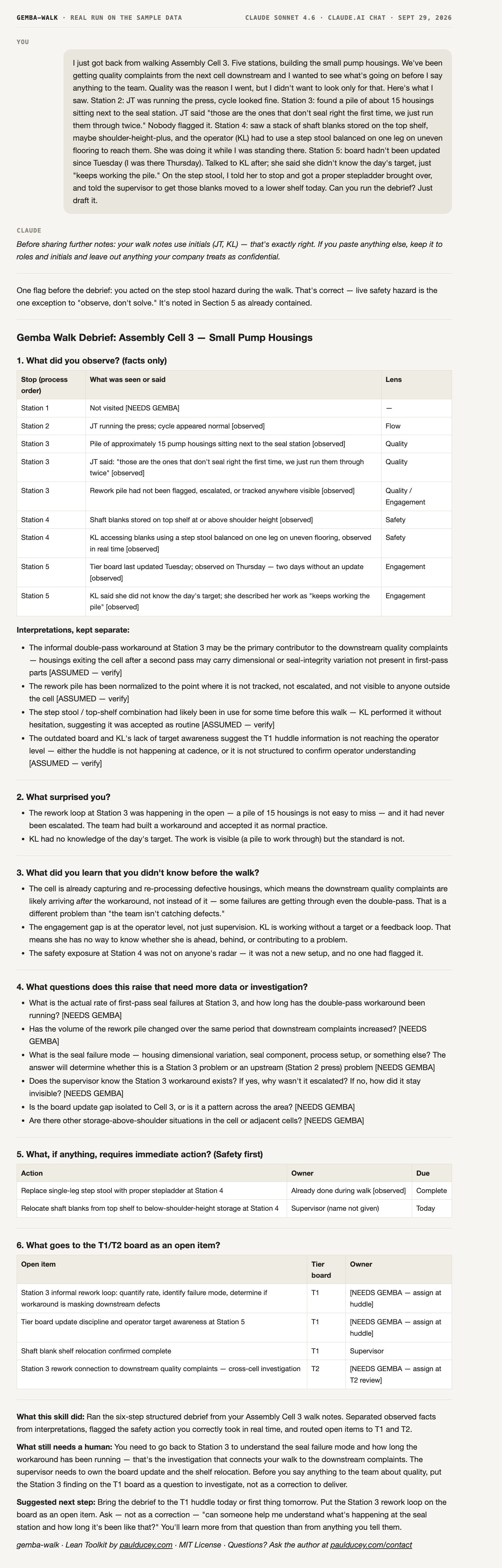 Gemba Walk: the full reply from a real run on the sample data, ending with what the skill did, what still needs a human, and one next step.