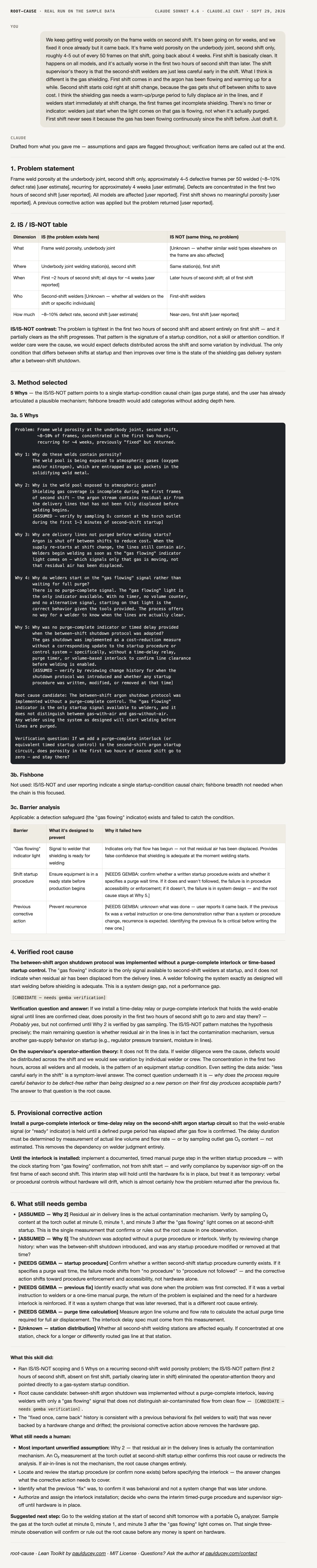 Root Cause: the full reply from a real run on the sample data, ending with what the skill did, what still needs a human, and one next step.