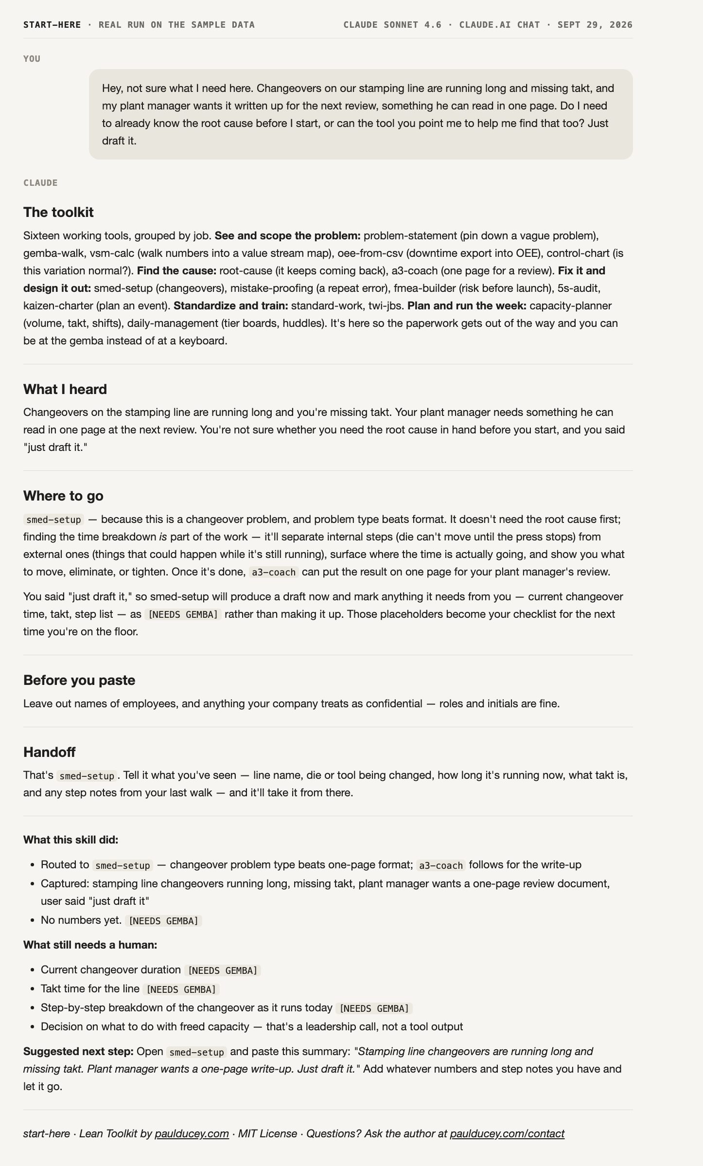 Start Here: the full reply from a real run on the sample data, ending with what the skill did, what still needs a human, and one next step.