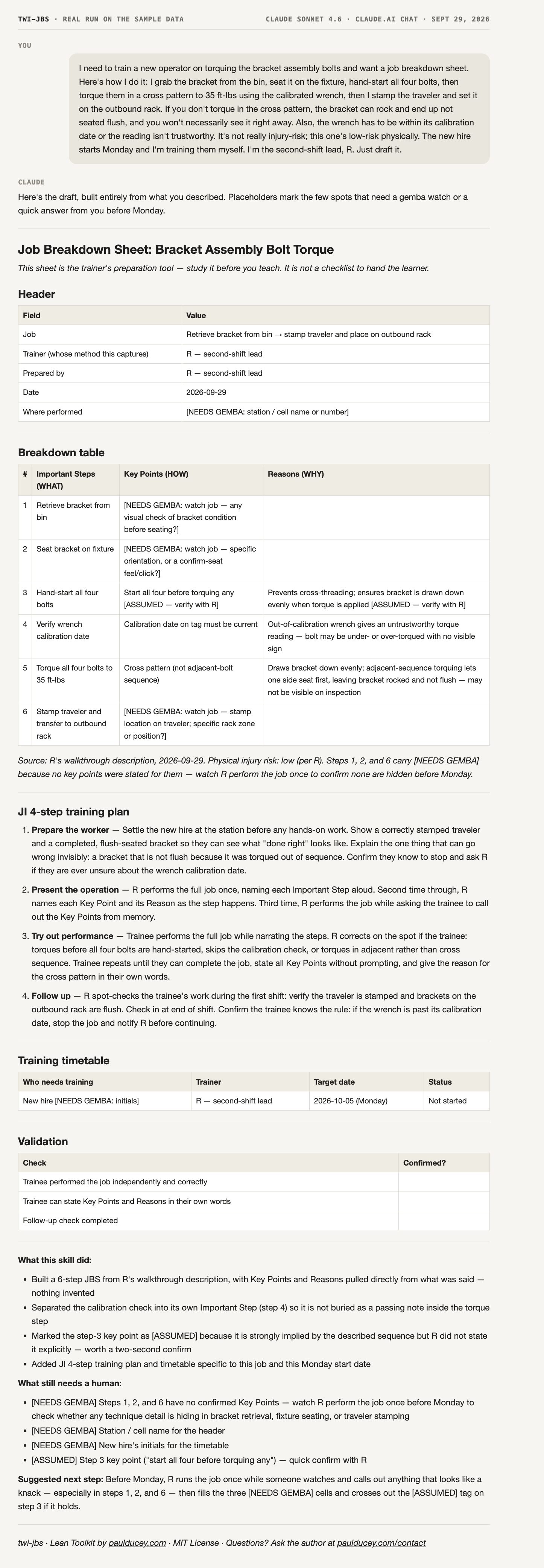 TWI Job Breakdown: the full reply from a real run on the sample data, ending with what the skill did, what still needs a human, and one next step.